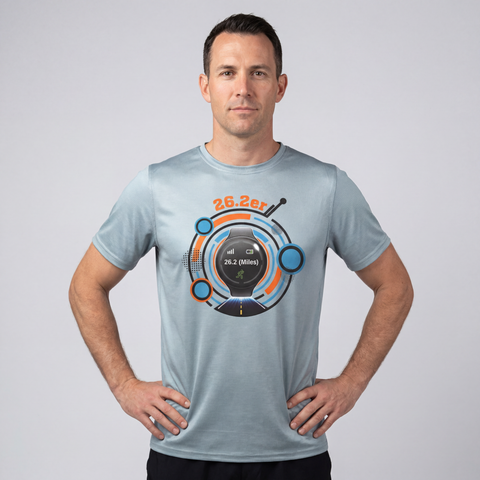 Man wearing gray running T-shirt with graphic including race watch and 26.2 text, front view.