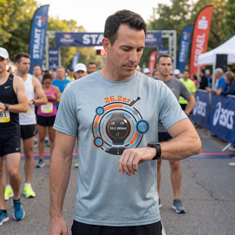 Man looking at watch in gray running T-shirt with graphic including race watch and 26.2 text.
