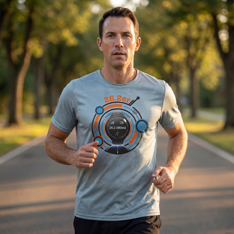 Man jogging in gray running T-shirt with graphic including race watch and 26.2 text outdoors.