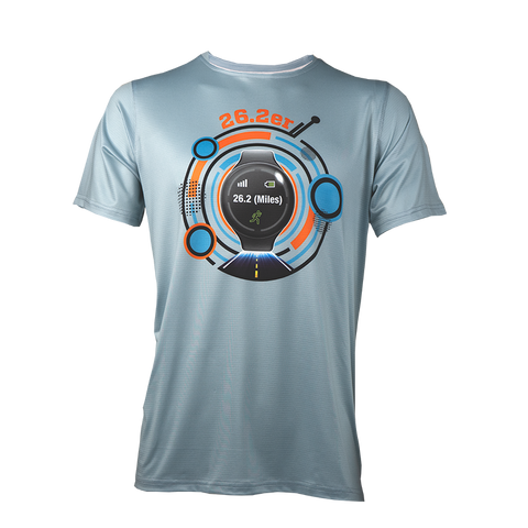 Gray men's running T-shirt with graphic including race watch and 26.2 text, front product view.