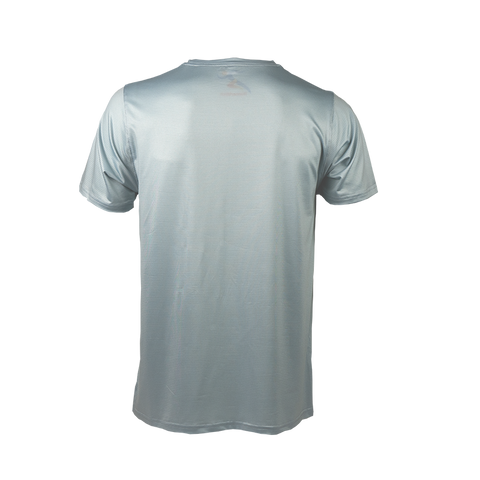 Gray men's running T-shirt, back product view.
