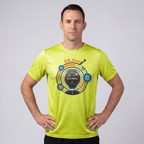 Man wearing lime running T-shirt with graphic including race watch and 26.2 text, front view.