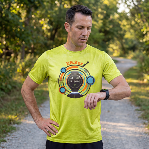 Man looking at wactch in lime running T-shirt with graphic including race watch and 26.2 text.