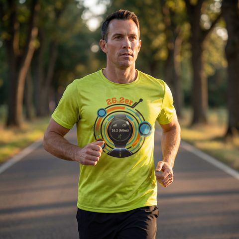 Man running in lime running T-shirt with graphic including race watch and 26.2 text outdoors.