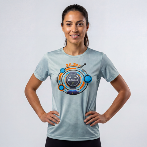 Woman wearing a gray performance running T-shirt featuring a colorful 26.2er marathon graphic on the front