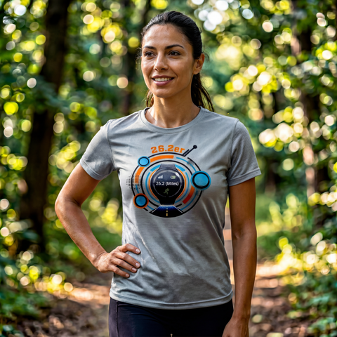 Woman modeling a gray moisture-wicking running shirt with 26.2er marathon design