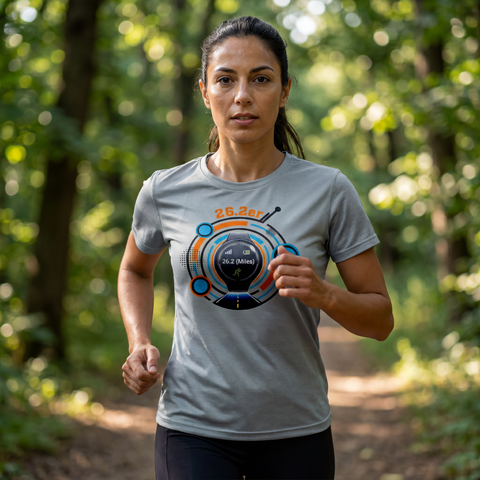 Female runner in a gray 26.2er performance T-shirt jogging on a tree-lined path