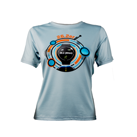 Front view of women's gray athletic T-shirt with colorful 26.2er marathon graphic