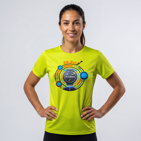 Woman wearing a lime performance running T-shirt featuring a colorful 26.2er marathon graphic on the front
