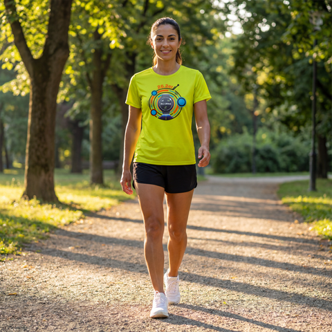 Woman walking in a lime moisture-wicking running shirt with 26.2er marathon design