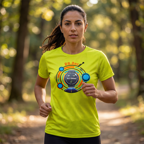 Female runner in a lime 26.2er performance T-shirt jogging on a tree-lined path