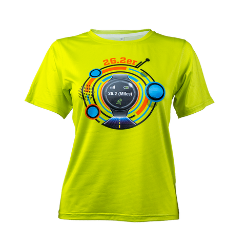 Front view of women's lime athletic T-shirt with colorful 26.2er marathon graphic