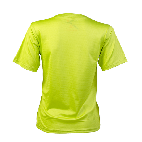 Back view of women's lime performance running T-shirt
