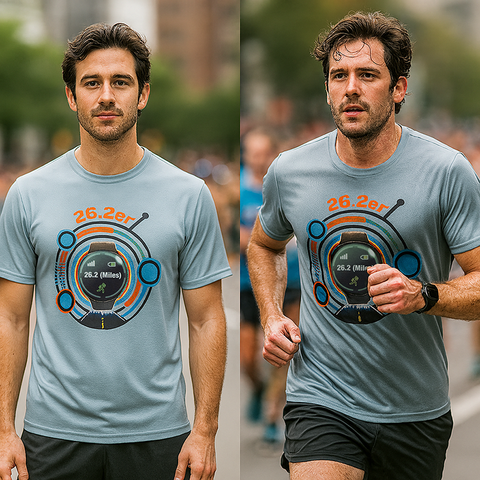 Man wearing a gray 26.er t-shirt with a running-themed design, standing outdoors.