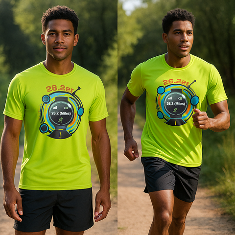 Man wearing a Lime green running shirt with a '26.2er' design outdoors.