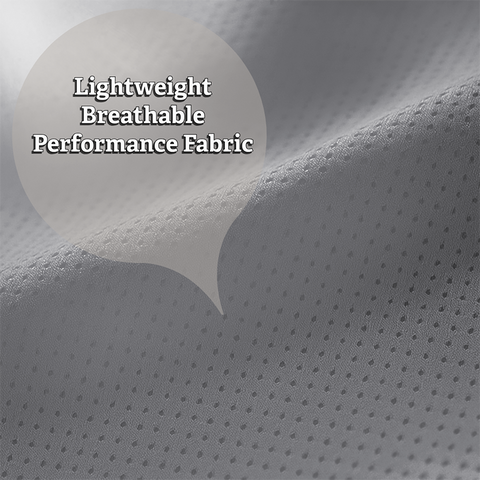 Close-up of lightweight breathable performance fabric with text overlay.