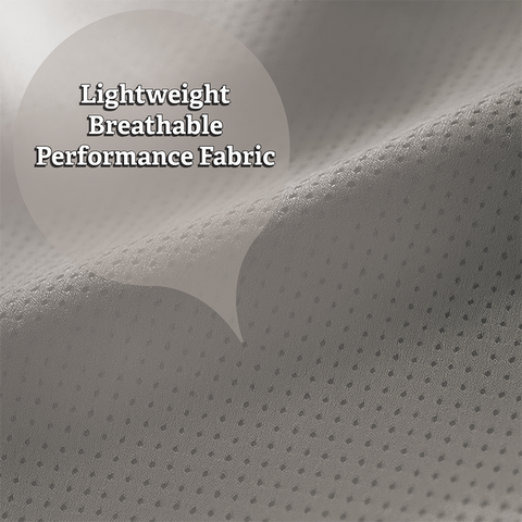 Close-up of gray Run Rest Lift Repeat tee with lightweight breathable performance fabric as text overlay