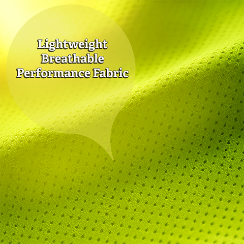 Close-up of lime green fabric with text 'Lightweight Breathable Performance Fabric'.