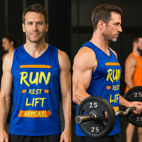 Man wearing a Run-Rest-Lift-Repeat blue tank top with motivational text, lifting weights.