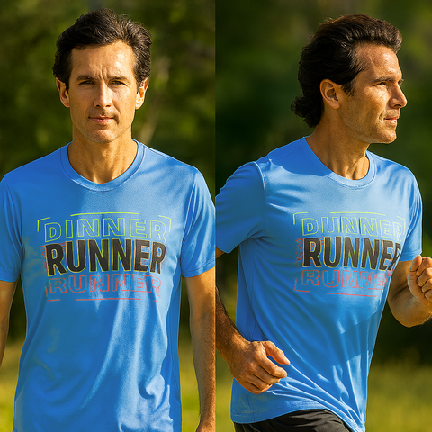 Man wearing a Aqua blue Runner T-shirt in a natural setting