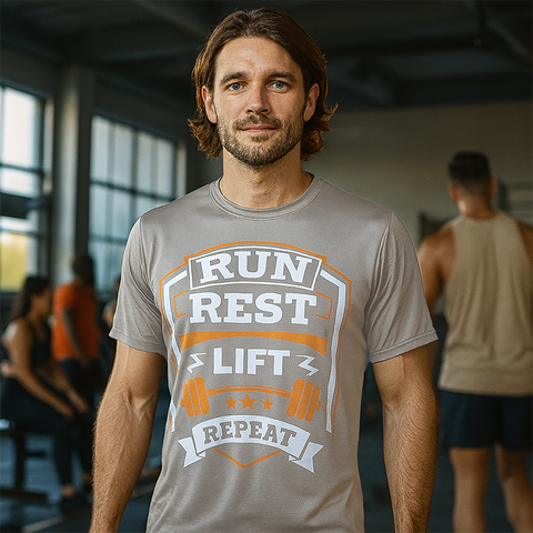 Man wearing gray t-shirt with 'Run Rest Lift Repeat' graphic in a gym setting