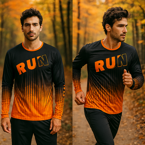 Man wearing a black and orange 'RUN' front with RUN-REST-LIFT-REPEAT back of shirt in a forest setting