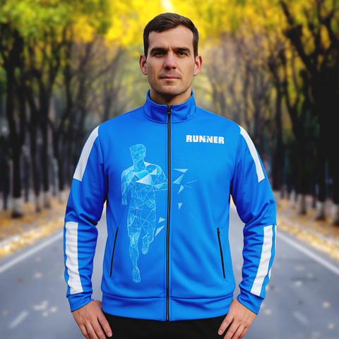 Man wearing a blue running jacket with a geometric runner design and 'RUNNER' text, standing on a road lined with trees.