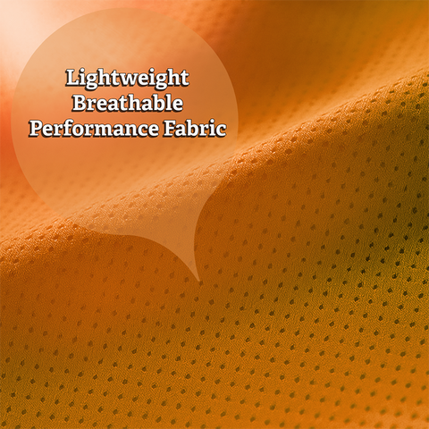 Close-up of orange Run Rest Lift Repeat fabric with text 'Lightweight Breathable Performance Fabric'