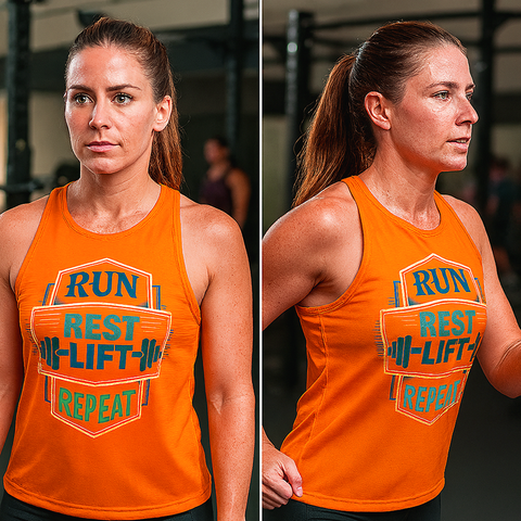 Woman wearing an orange tank top with fitness-themed text in a gym setting