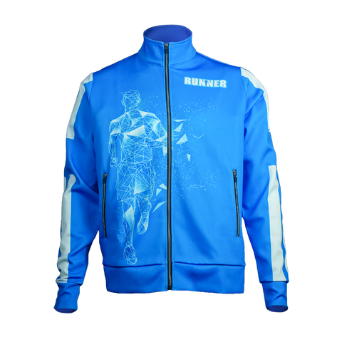 Men's blue runner jacket with white stripes and a graphic design of a runner on the front.