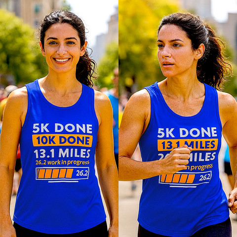 Woman wearing blue Marathoner in Training Tank top on sunny day