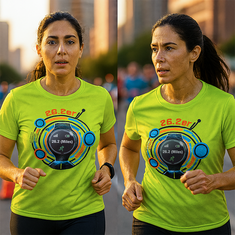 Woman running outdoors wearing a bright green t-shirt with a running-themed design.