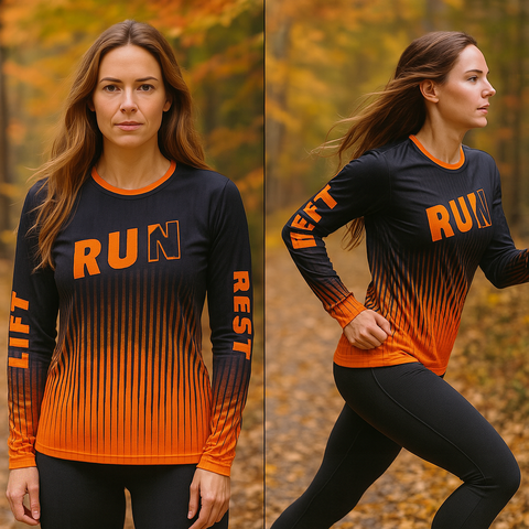 Woman wearing a black and orange 'RUN-REST-LIST-REPEAT' long sleeve running shirt in an autumn setting