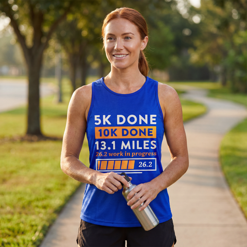 Woman wearing blue marathon training tank top standing on a neighborhood walking path after a run