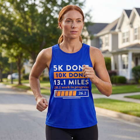 Woman running in a suburban neighborhood wearing blue marathon training tank top with marathon progress graphic