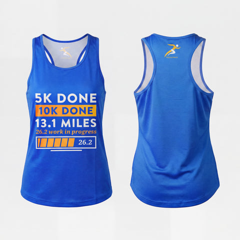 Front and back views of women's blue marathon training racerback tank top with marathon progress graphic and RunnerMrch logo