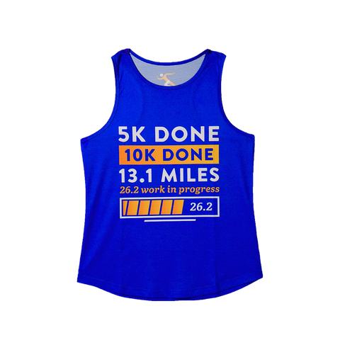 Front view of women's blue marathon training racerback tank top featuring marathon progress graphic