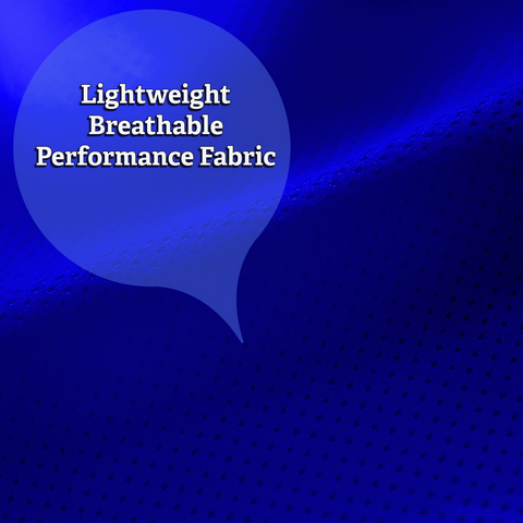 Close-up of breathable moisture-wicking mesh fabric texture on women's blue marathon training racerback tank top