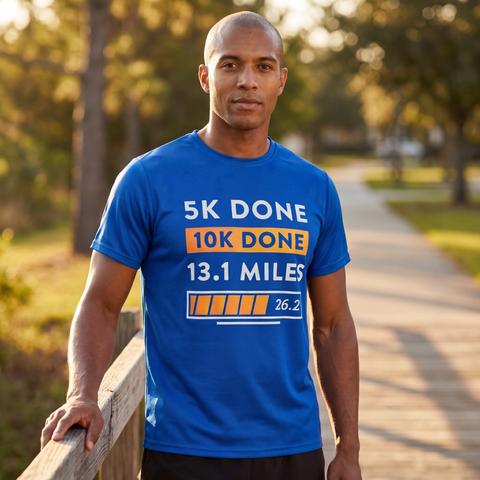 Man wearing blue Marathoner in Training performance t-shirt featuring runner distance progression graphic outdoors