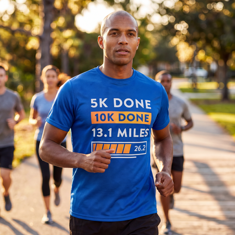 Man running in blue Marathoner in Training performance t-shirt featuring runner distance progression graphic