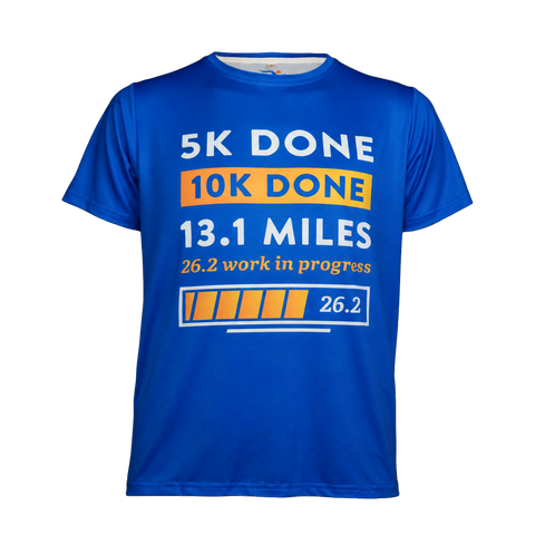 Blue Marathoner in Training performance t-shirt featuring runner distance progression graphic front view
