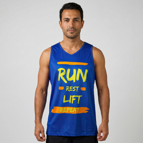 Men's blue Run Rest Lift Repeat athletic tank top with motivational yellow and orange graphic on front.