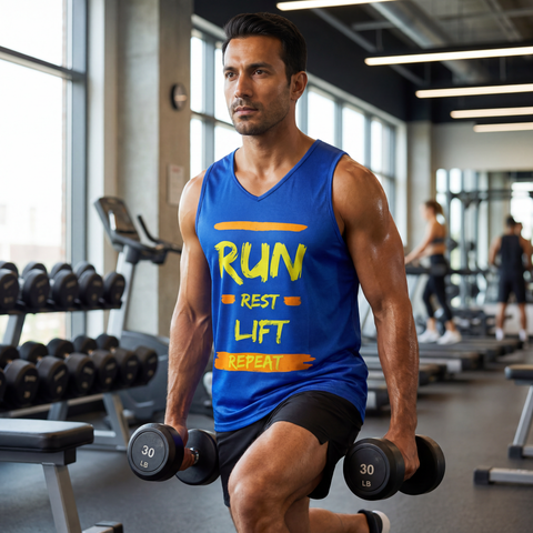 Man wearing blue Run Rest Lift Repeat performance tank top while performing weighted dumbbell lunges in a gym.
