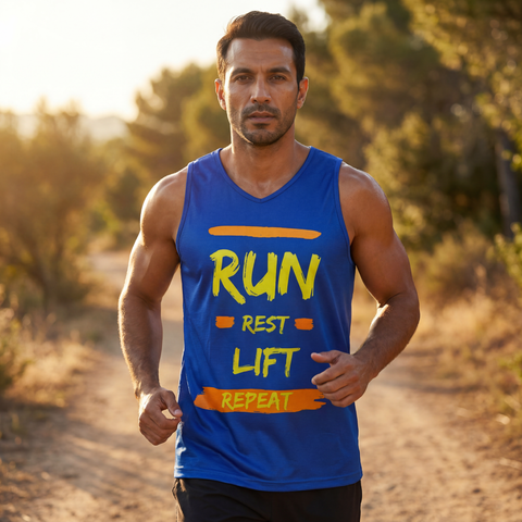 Athlete wearing blue Run Rest Lift Repeat workout tank top outdoors in warm evening light.