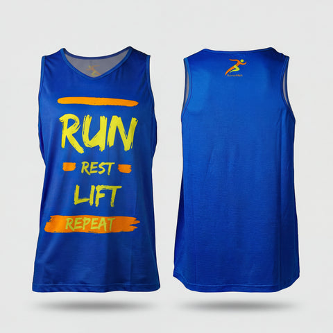 Front and back view of men's blue Run Rest Lift Repeat athletic tank top showing complete garment design.