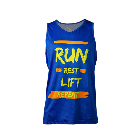 Front view of men's blue Run Rest Lift Repeat moisture-wicking performance tank top.