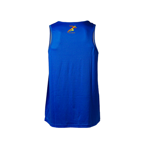 Back view of men's blue athletic tank top with RunnerMrch logo below neckline.