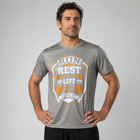 Man wearing a gray Run Rest Lift Repeat performance t-shirt