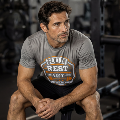Man wearing a gray Run Rest Lift Repeat athletic t-shirt while resting on gym bench after a workout