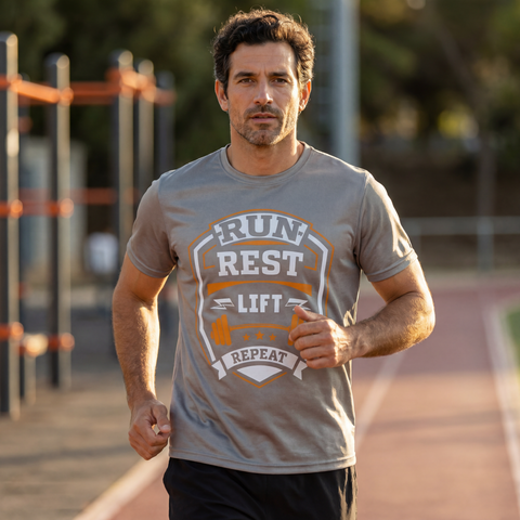 Man wearing a gray Run Rest Lift Repeat running t-shirt during a run on outdoor track